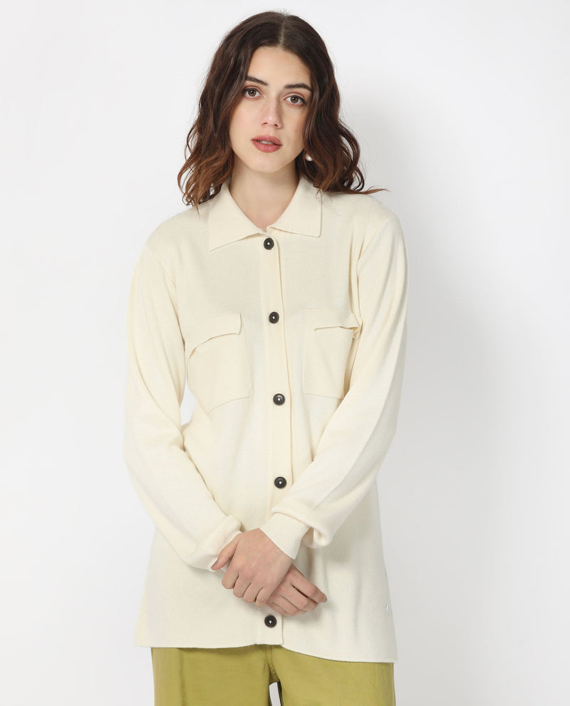 Rareism Women Telkon Off White Viscose Fabric Full Sleeves Button Closure Shirt Collar Regular Fit Plain Sweater