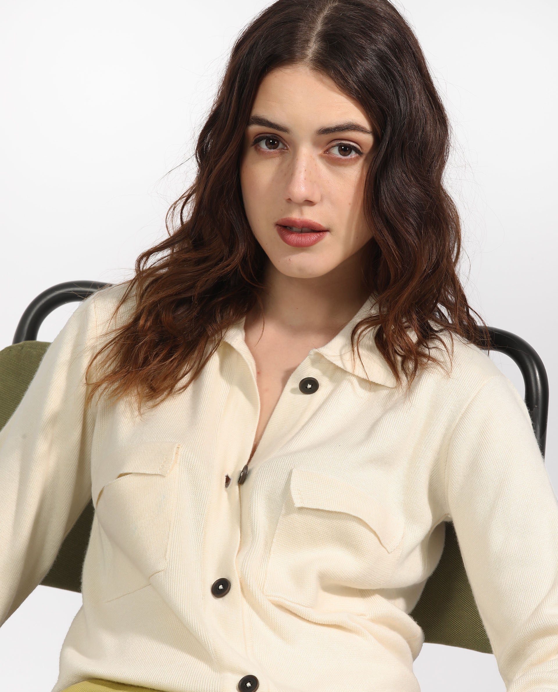 Rareism Women's Telkon Off White Viscose Spread Collar Plain Regular Fit Sweater