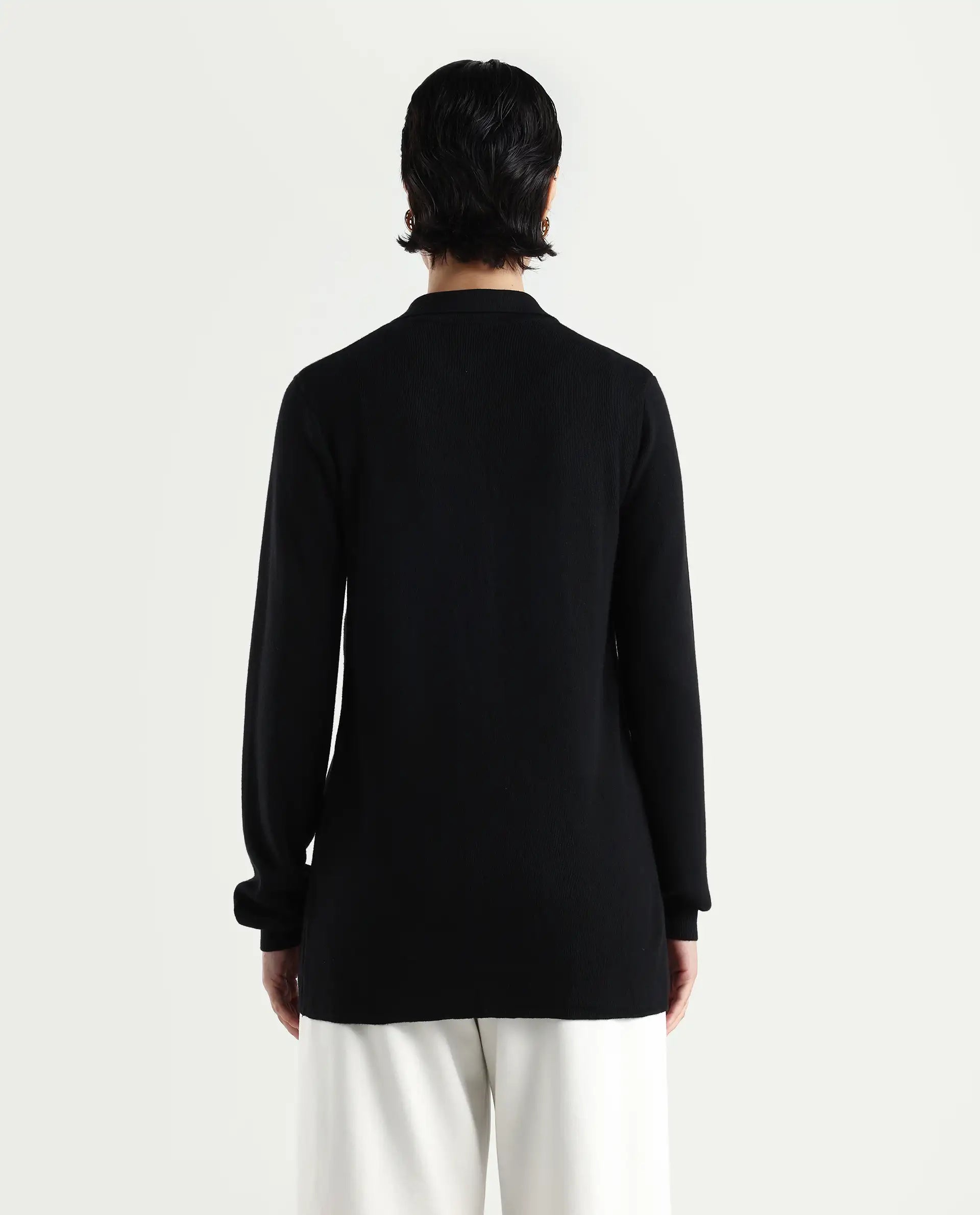 Rareism Women's Telkon Black Viscose Spread Collar Plain Regular Fit Sweater