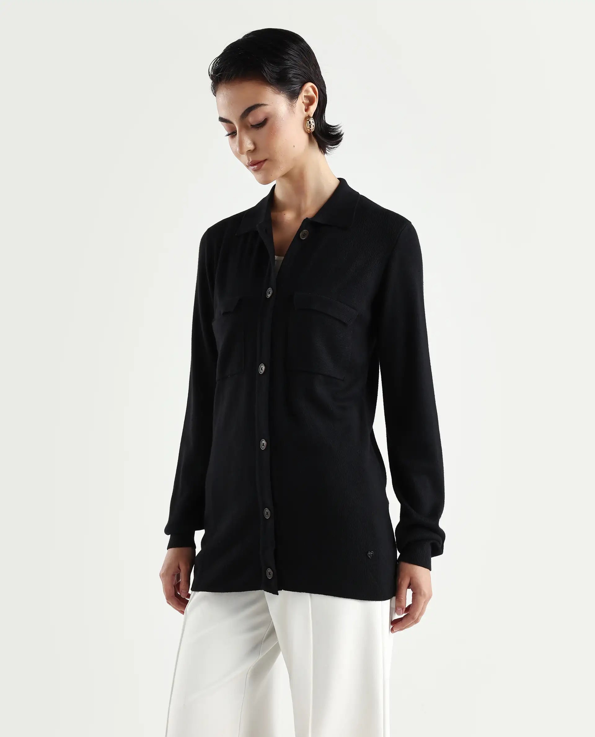 Rareism Women's Telkon Black Viscose Spread Collar Plain Regular Fit Sweater
