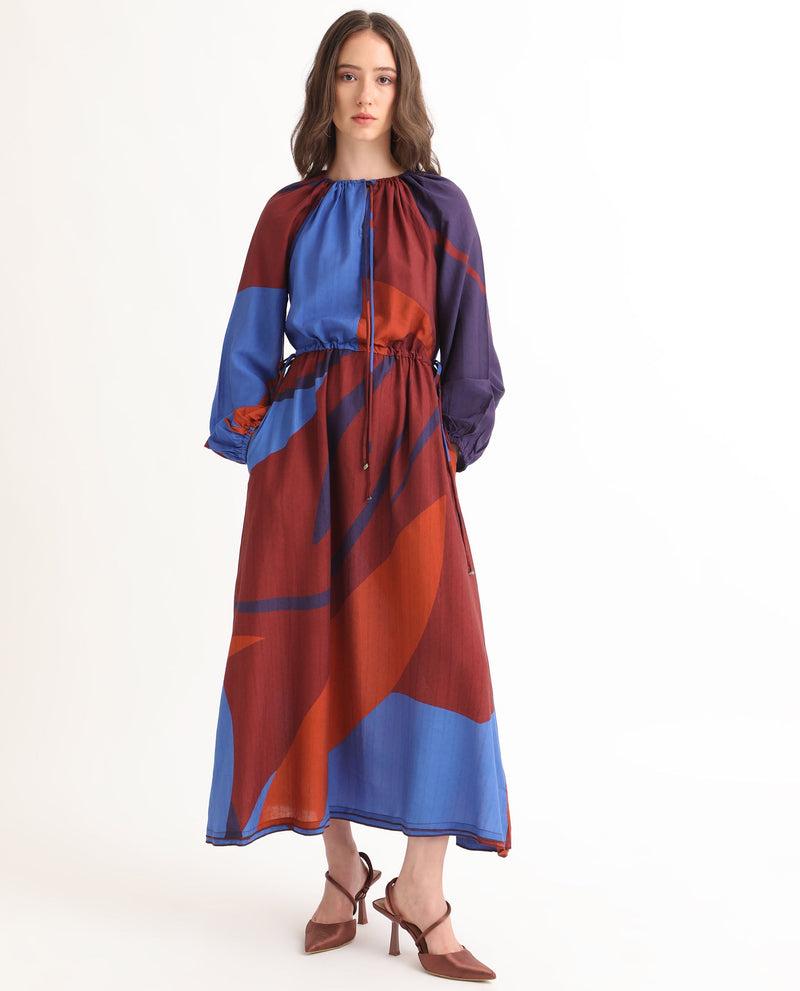 Rareism Women Telor Brown Polyester Fabric Full Sleeves Ruffled Neck Balloon Sleeve Regular Fit Abstract Print Maxi A-Line Dress