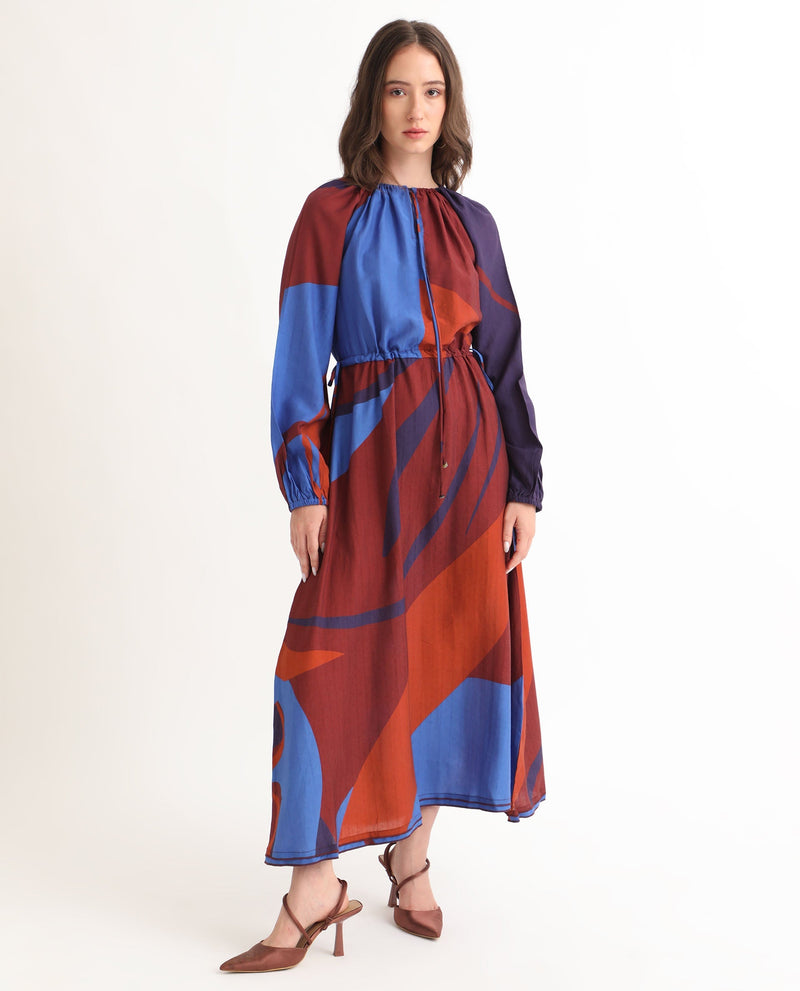 Rareism Women Telor Brown Polyester Fabric Full Sleeves Ruffled Neck Balloon Sleeve Regular Fit Abstract Print Maxi A-Line Dress