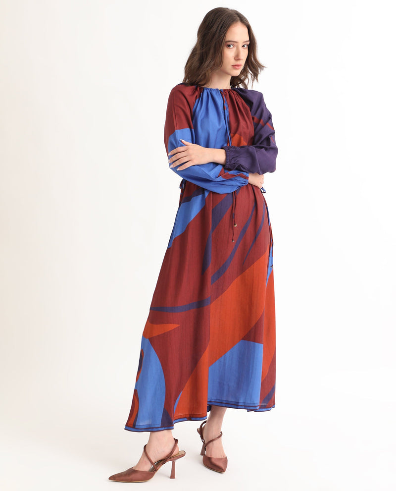 Rareism Women Telor Brown Polyester Fabric Full Sleeves Ruffled Neck Balloon Sleeve Regular Fit Abstract Print Maxi A-Line Dress