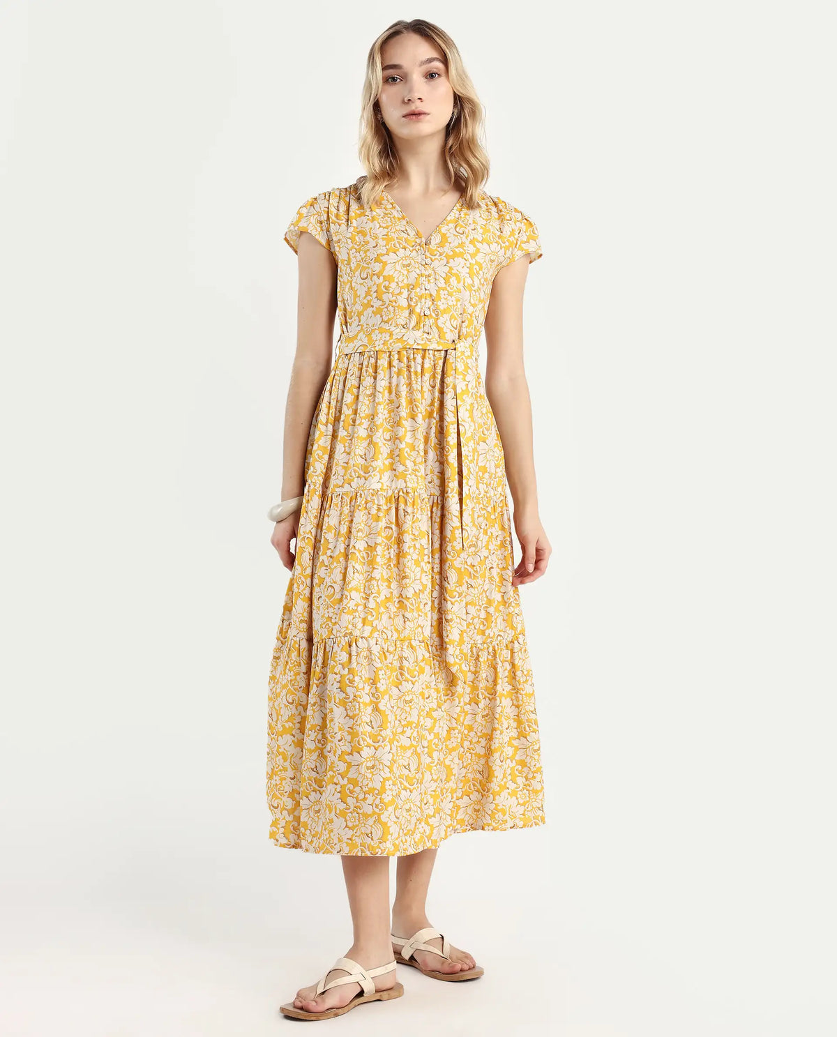 Rareism Women's Tenna Yellow Viscose Blend V-Neck Floral Print Cap Sleeve Midi Fit And Flare Dress