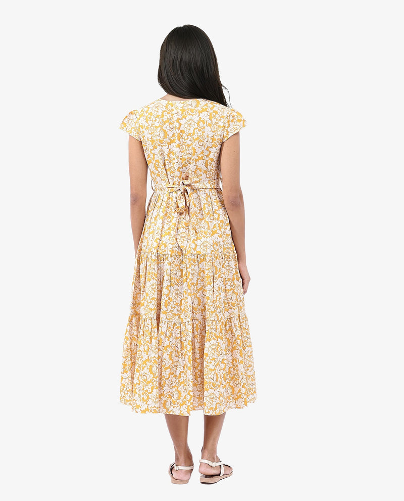 Rareism Women Tenna Yellow Cap Sleeves V-Neck Button Closure Fit And Flare Midi Floral Print Dress