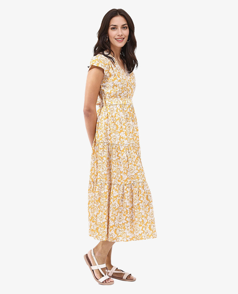 Rareism Women Tenna Yellow Cap Sleeves V-Neck Button Closure Fit And Flare Midi Floral Print Dress