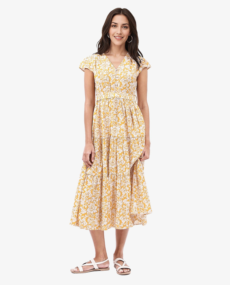 Rareism Women Tenna Yellow Cap Sleeves V-Neck Button Closure Fit And Flare Midi Floral Print Dress