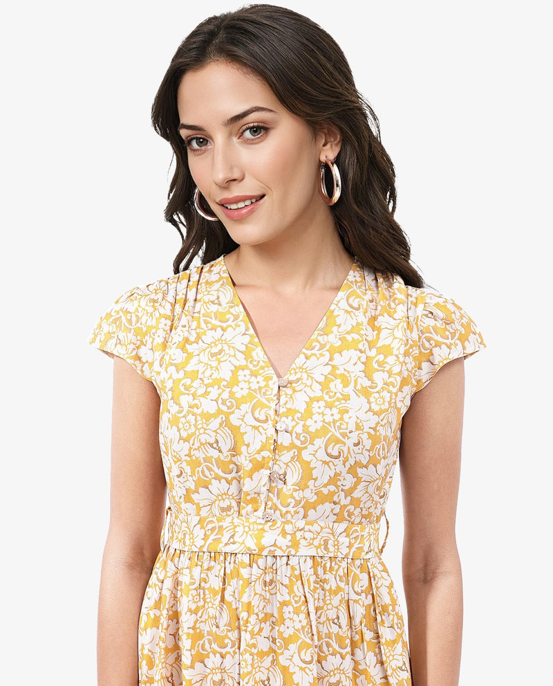 Rareism Women Tenna Yellow Cap Sleeves V-Neck Button Closure Fit And Flare Midi Floral Print Dress