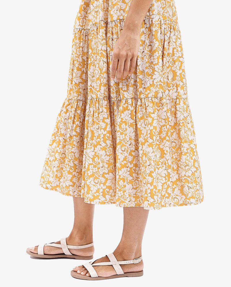 Rareism Women Tenna Yellow Cap Sleeves V-Neck Button Closure Fit And Flare Midi Floral Print Dress