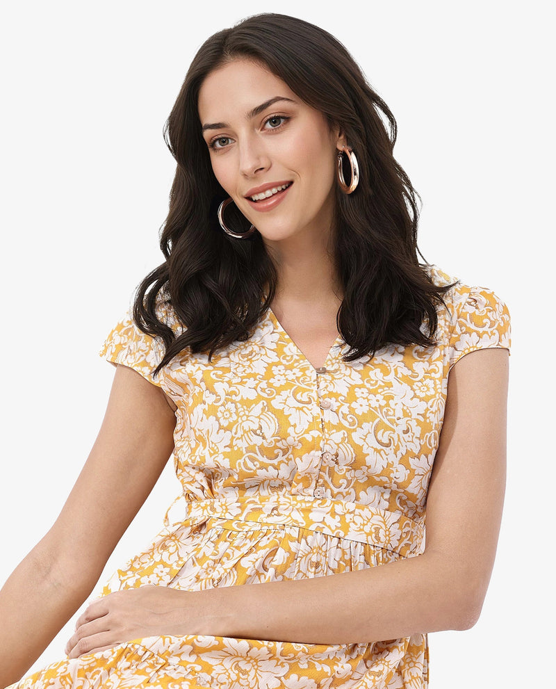 Rareism Women Tenna Yellow Cap Sleeves V-Neck Button Closure Fit And Flare Midi Floral Print Dress