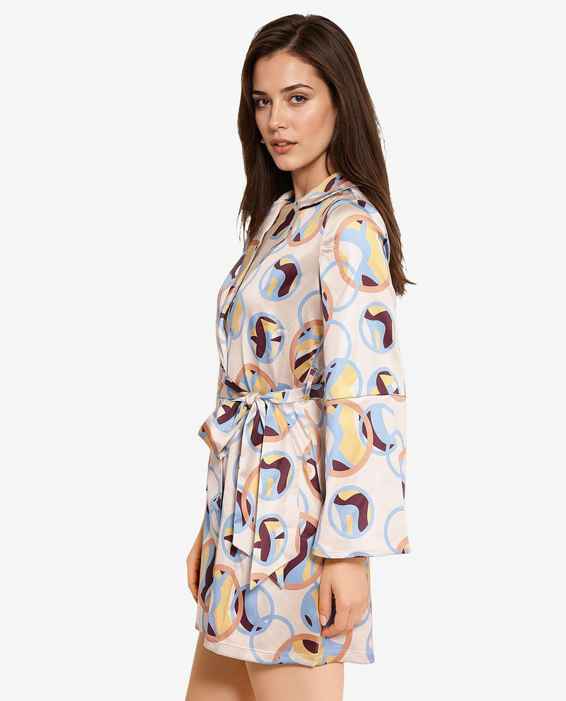 Rareism Women Tepec Light Multi Bell Sleeves Lapel Neck Tie Up Straight Fit Abstract Print Mini Dress