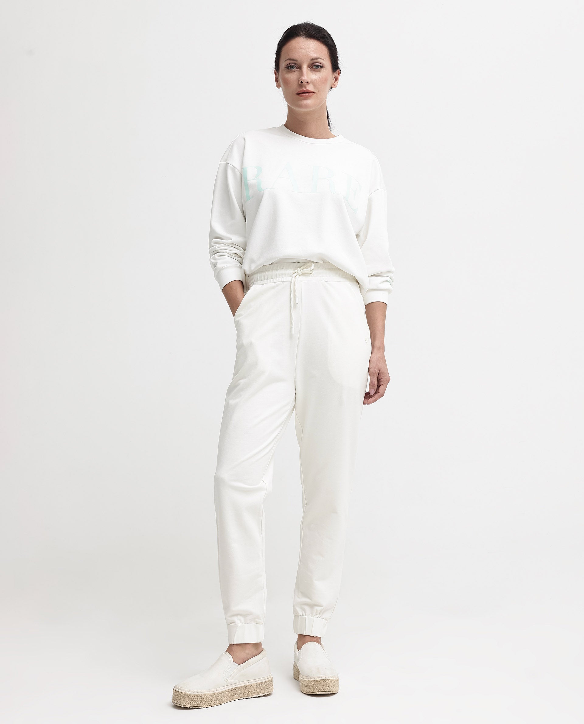 Rareism Women's Terac Off White Polyester Blend Plain Ankle Length Regular Fit Track Pant