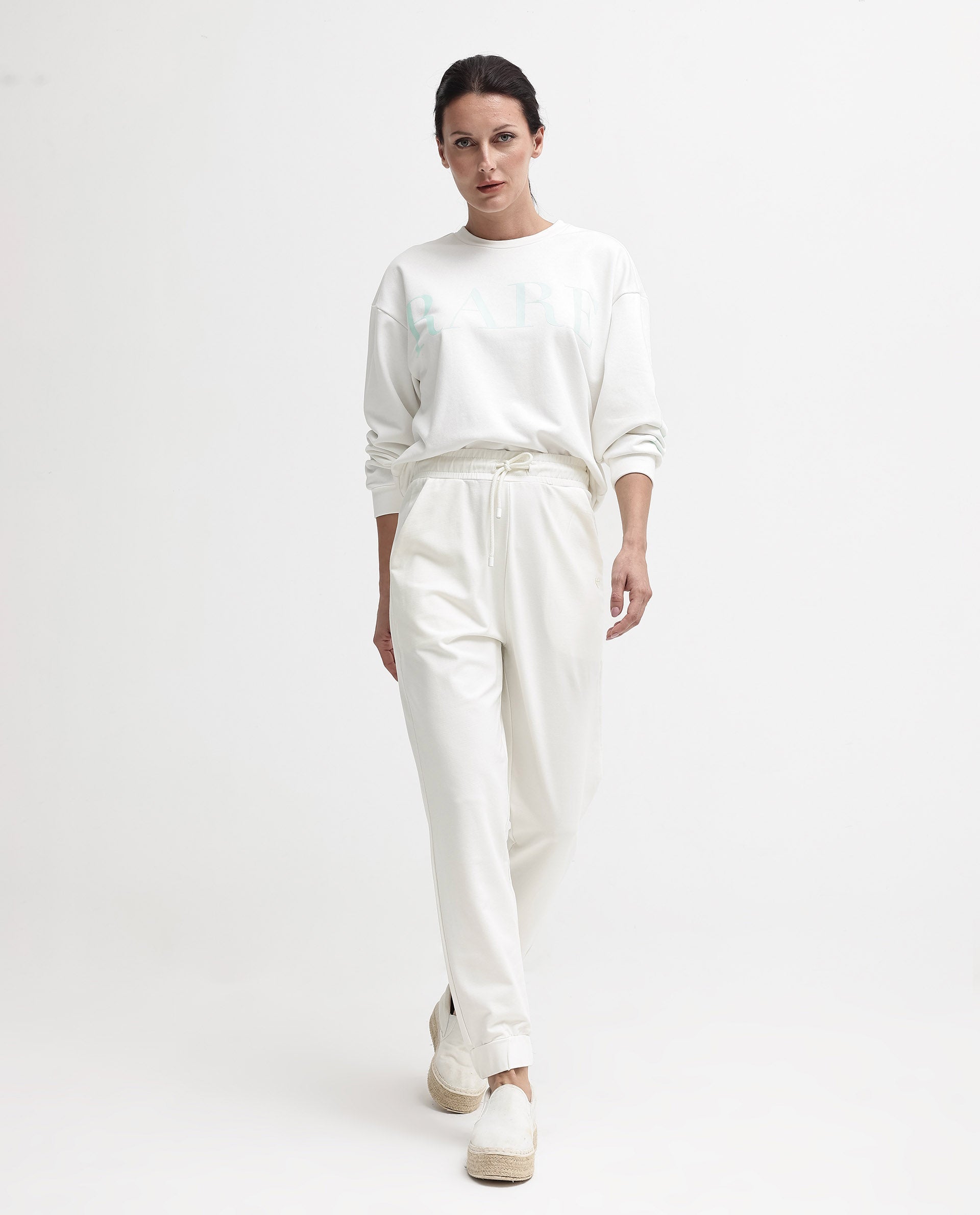 Rareism Women's Terac Off White Polyester Blend Plain Ankle Length Regular Fit Track Pant