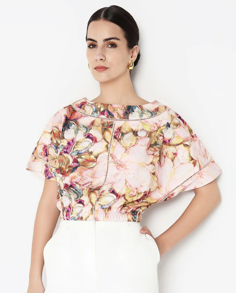 Rareism Women Terni Multi Extended Sleeves Boat Neck Floral Print Top