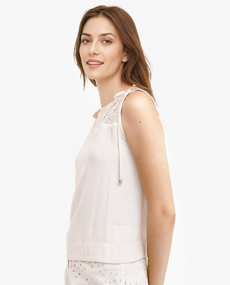 Rareism Women Terni Off White Elegant Lace Detail Top With Strap Tie-Up