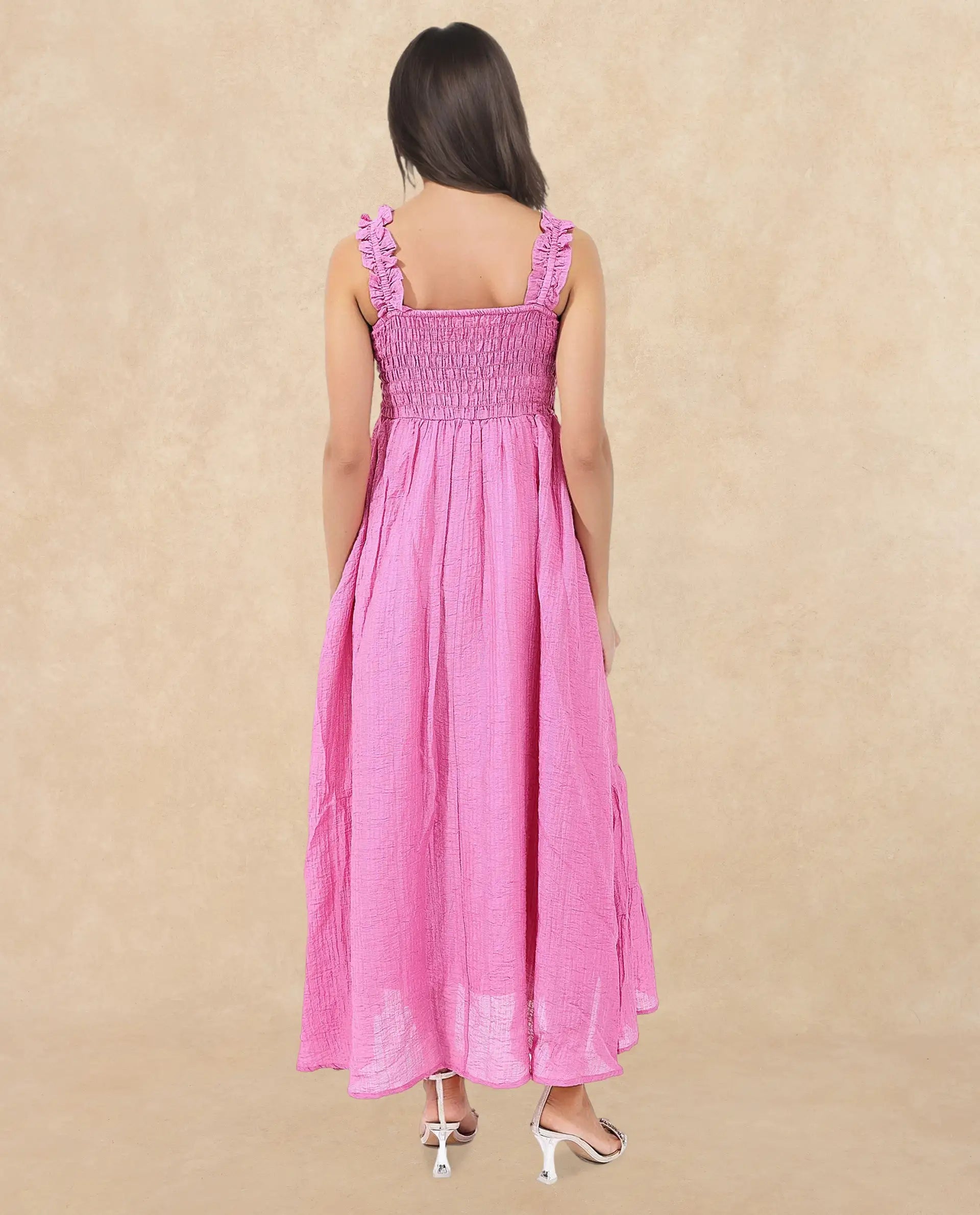 Rareism Women's Tesi Flouroscent Pink Rayon Square Neck Plain Shoulder Strap Midi Fit And Flare Dress
