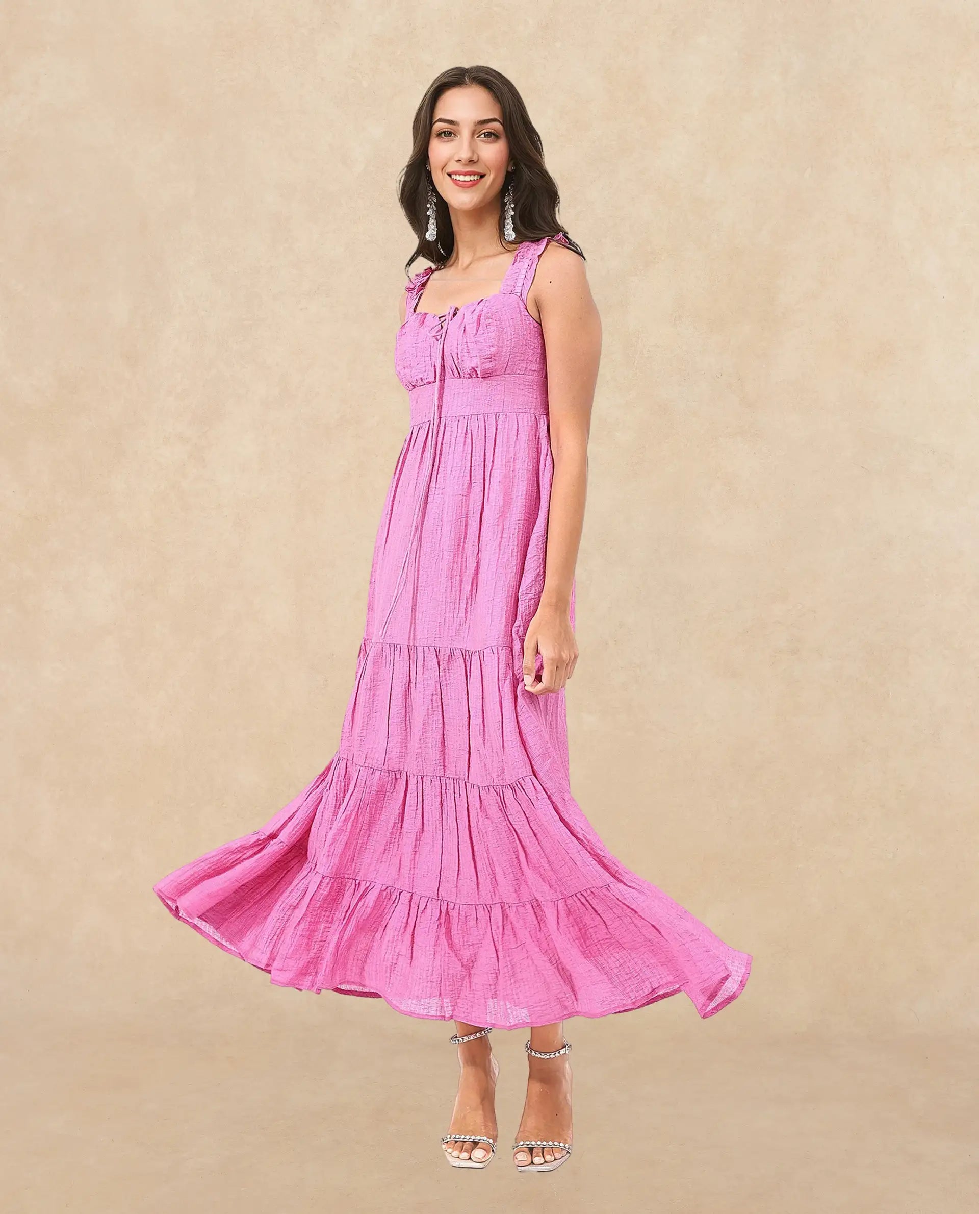 Rareism Women's Tesi Flouroscent Pink Rayon Square Neck Plain Shoulder Strap Midi Fit And Flare Dress