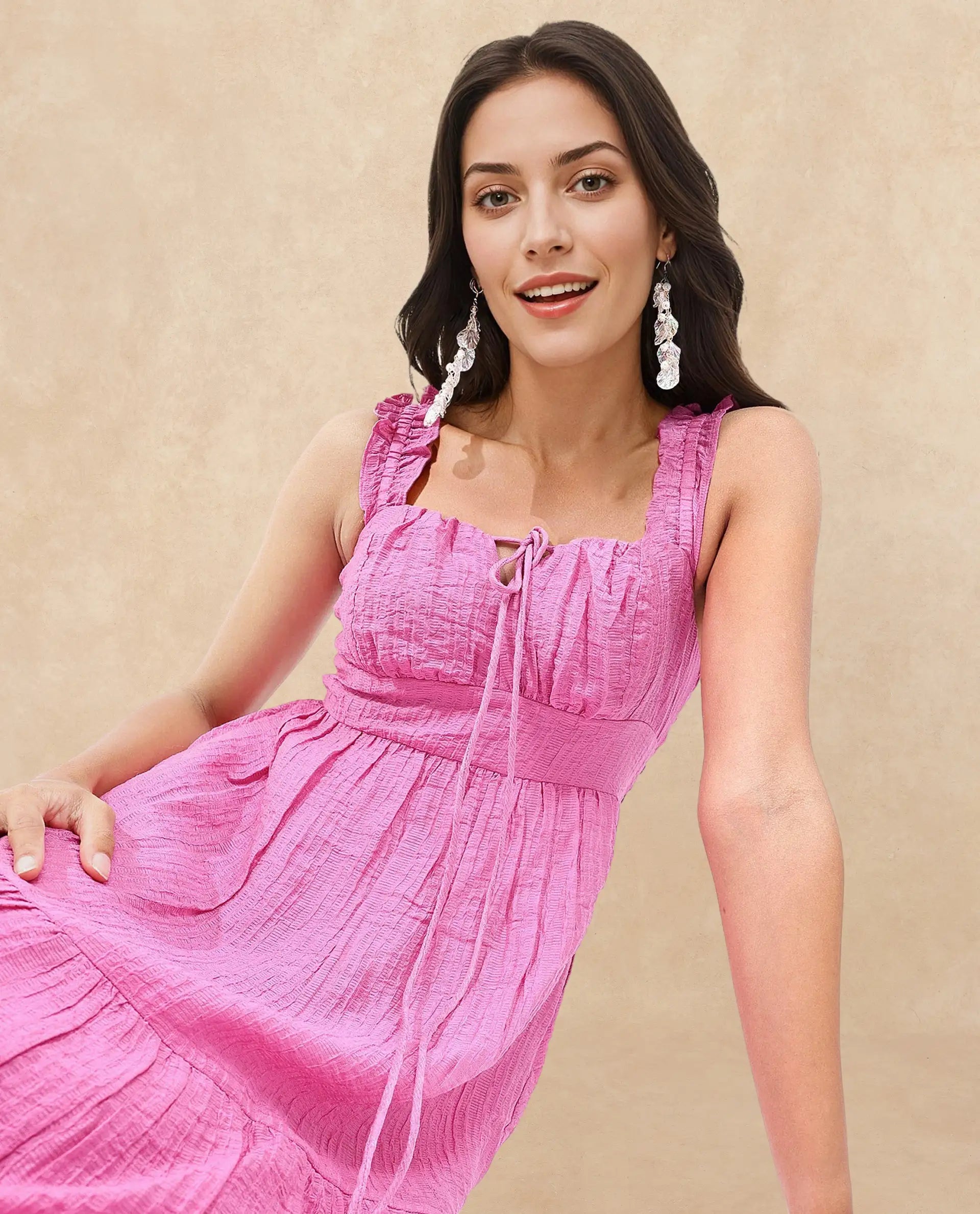 Rareism Women's Tesi Flouroscent Pink Rayon Square Neck Plain Shoulder Strap Midi Fit And Flare Dress