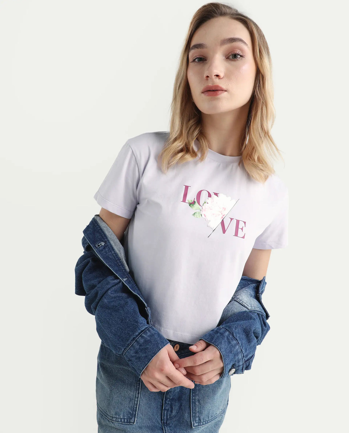 Rareism Women's Thea Pastel Purple Cotton Blend Crew Neck Graphic Print Crop Regular Fit T-Shirt