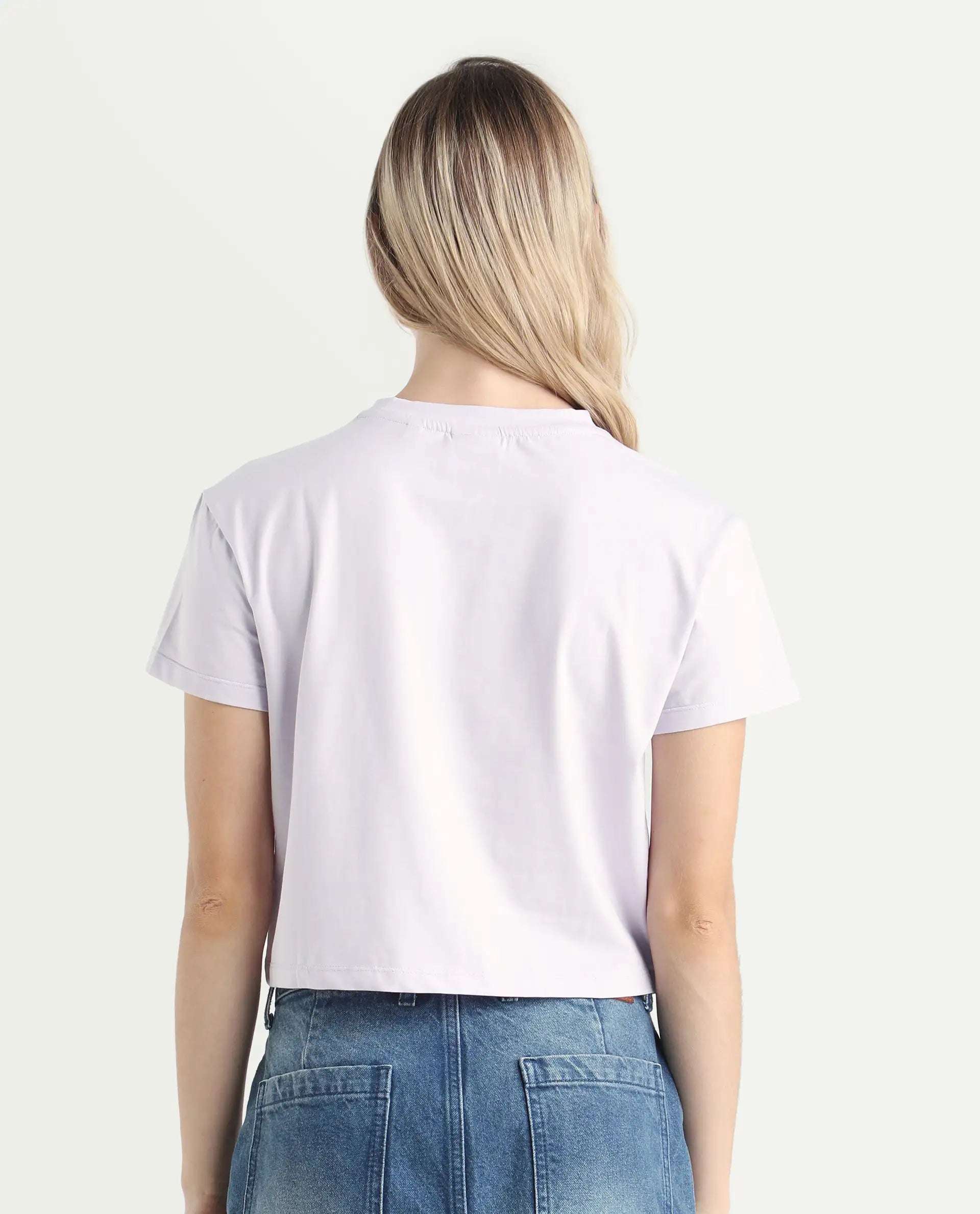 Rareism Women's Thea Pastel Purple Cotton Blend Crew Neck Graphic Print Crop Regular Fit T-Shirt