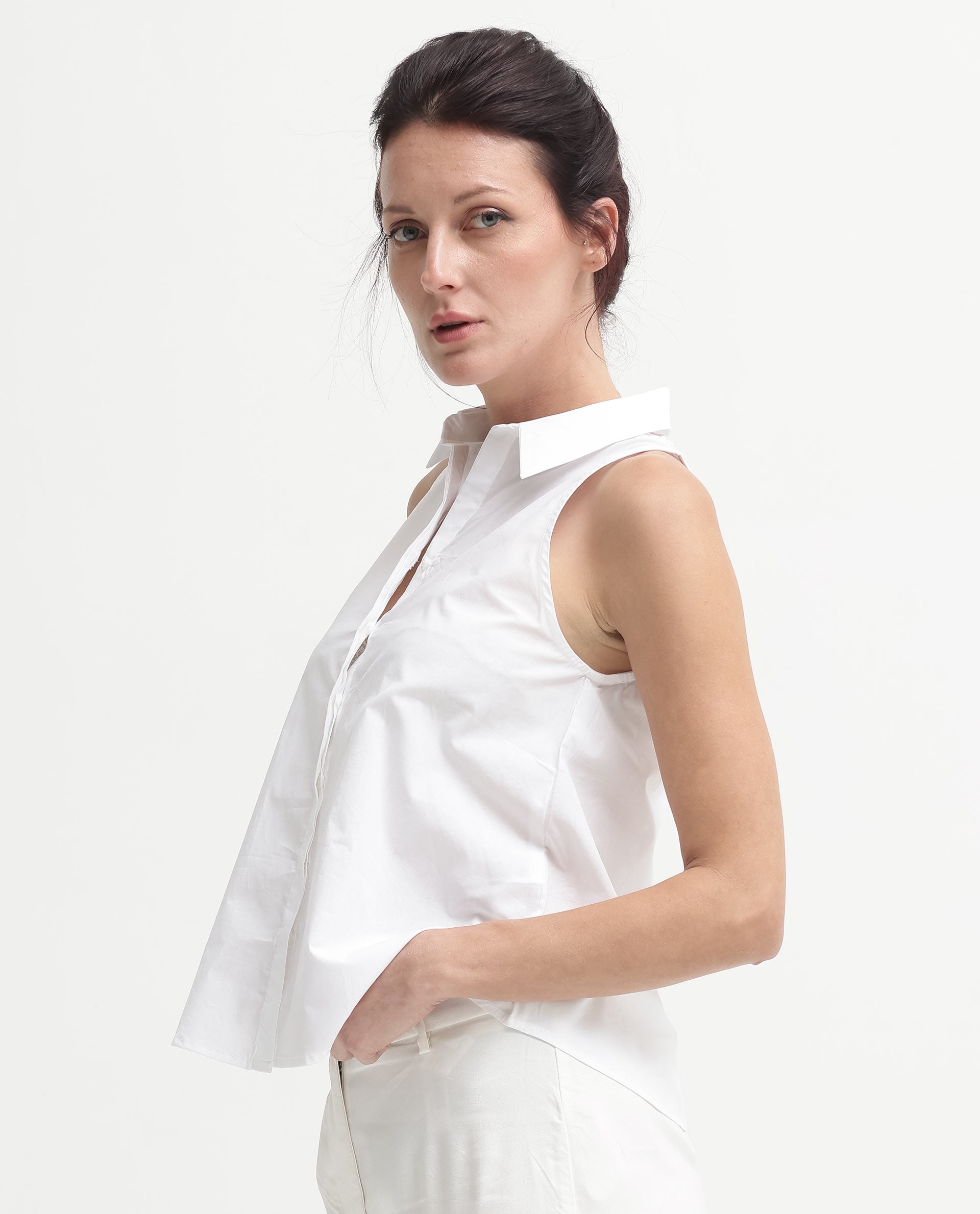 Rareism Women's Thebe White Cotton Drop Collar Plain Sleeveless Relaxed Fit Top