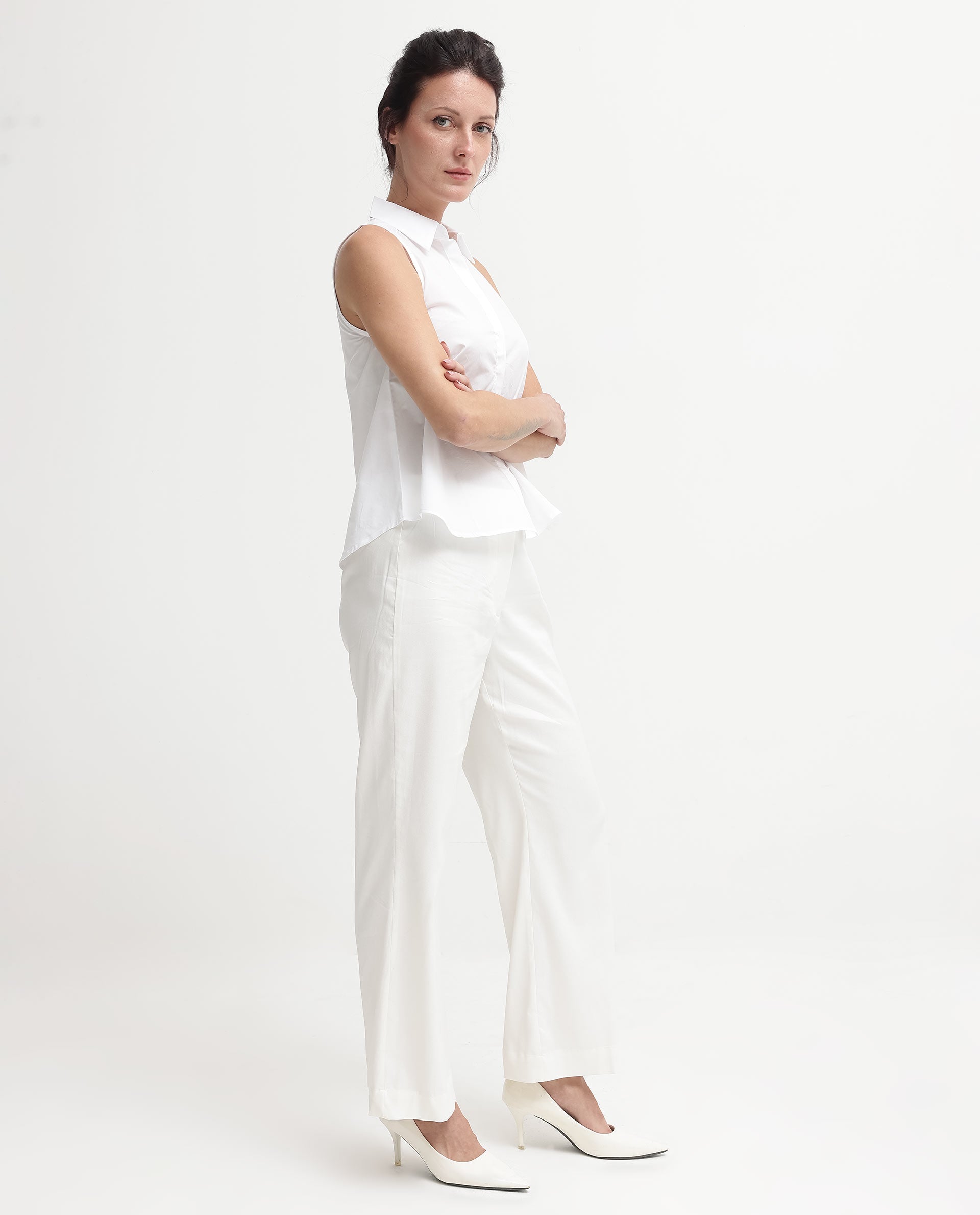 Rareism Women's Thebe White Cotton Drop Collar Plain Sleeveless Relaxed Fit Top