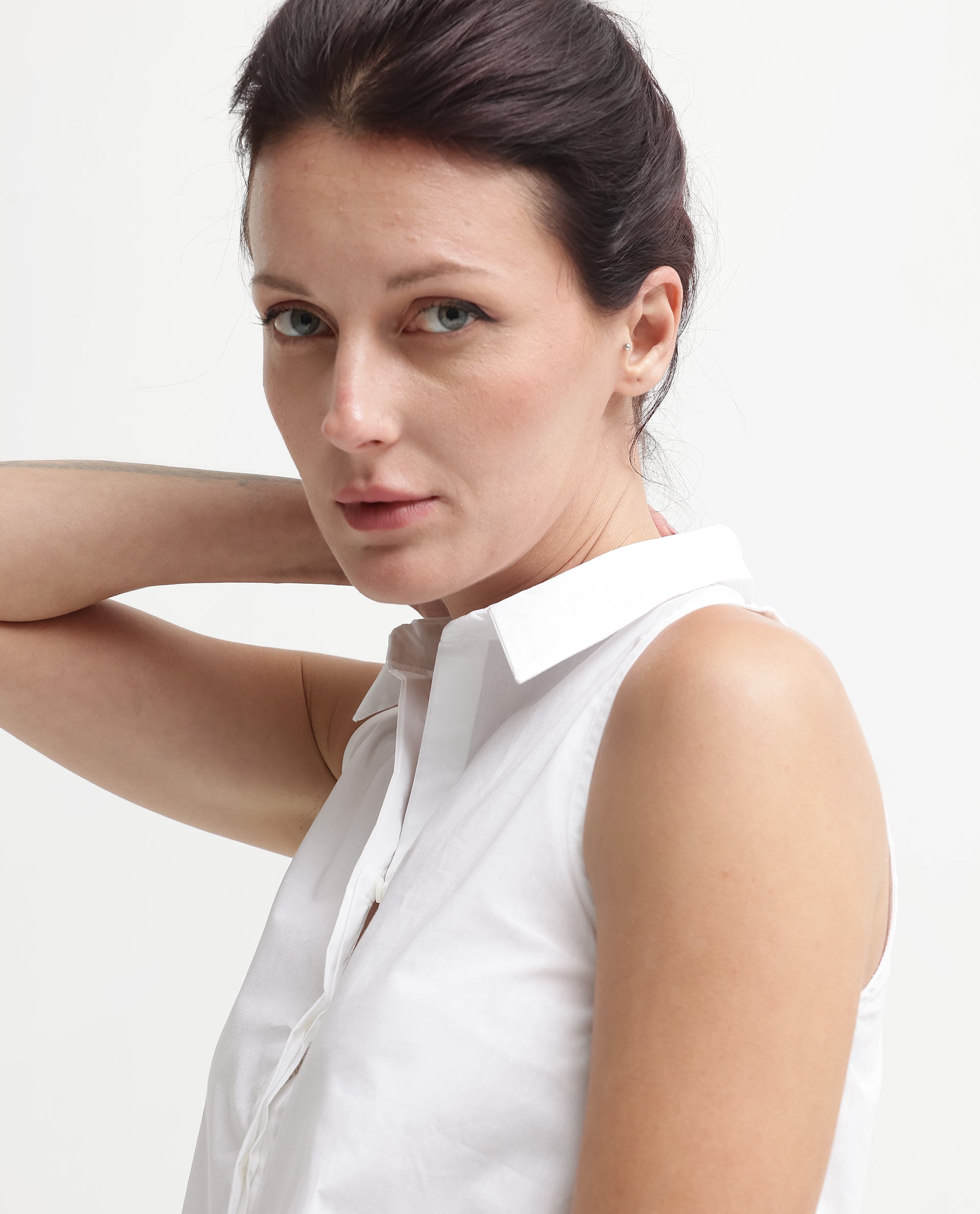 Rareism Women's Thebe White Cotton Drop Collar Plain Sleeveless Relaxed Fit Top