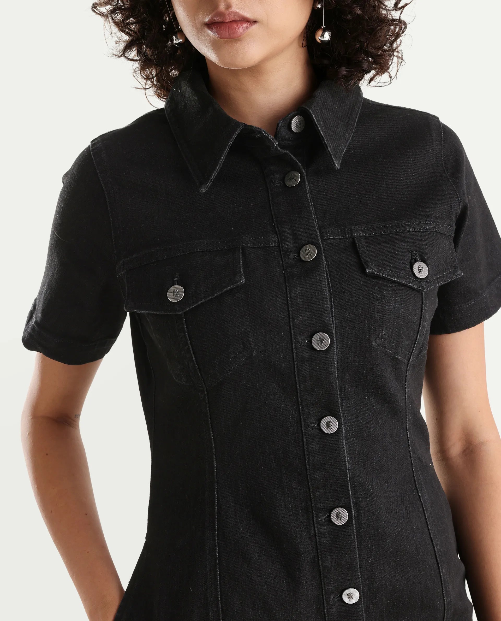 Rareism Women's Thio Black Cotton Blend Spread Collar Plain Knee Length Fitted Dress