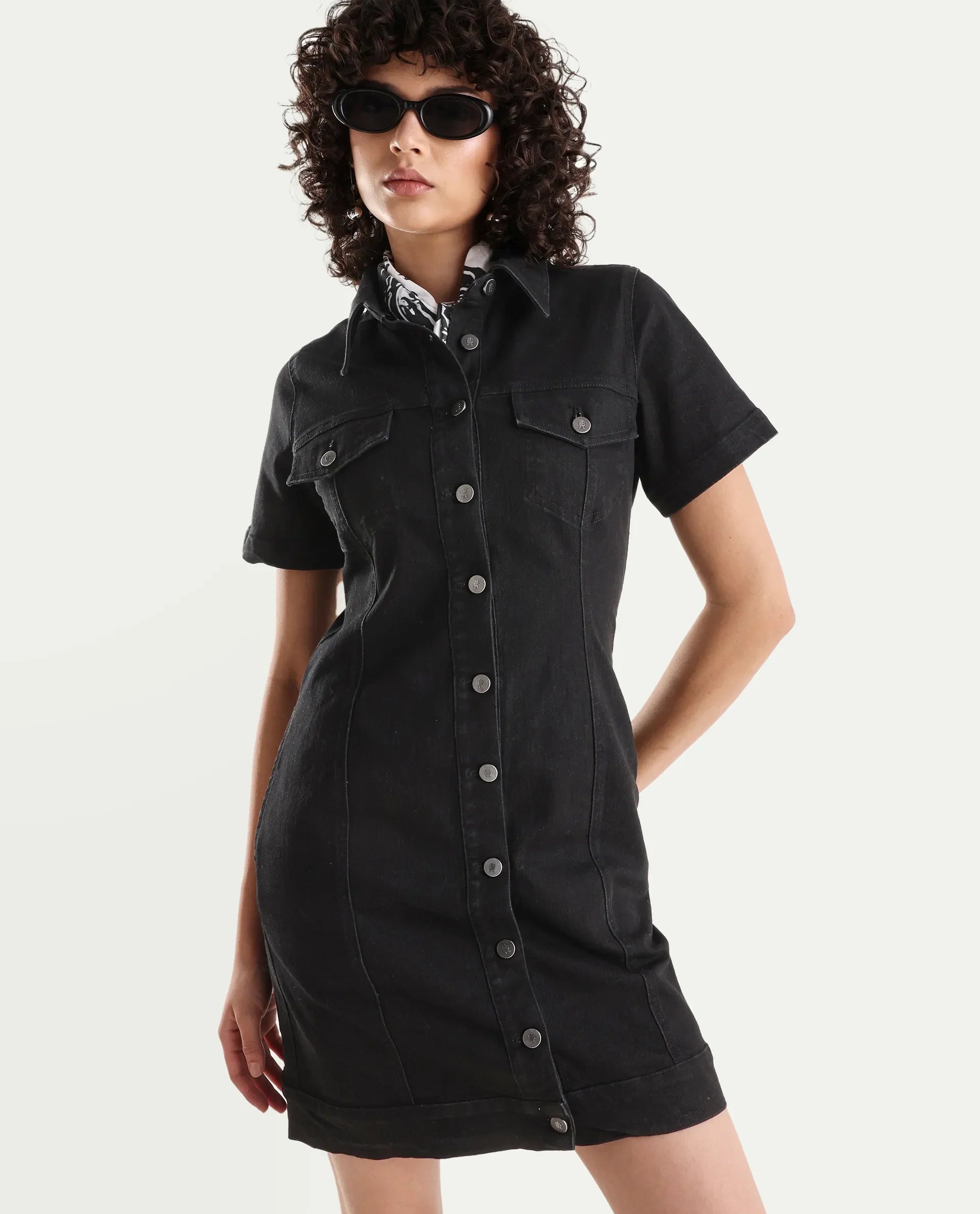 Rareism Women's Thio Black Cotton Blend Spread Collar Plain Knee Length Fitted Dress