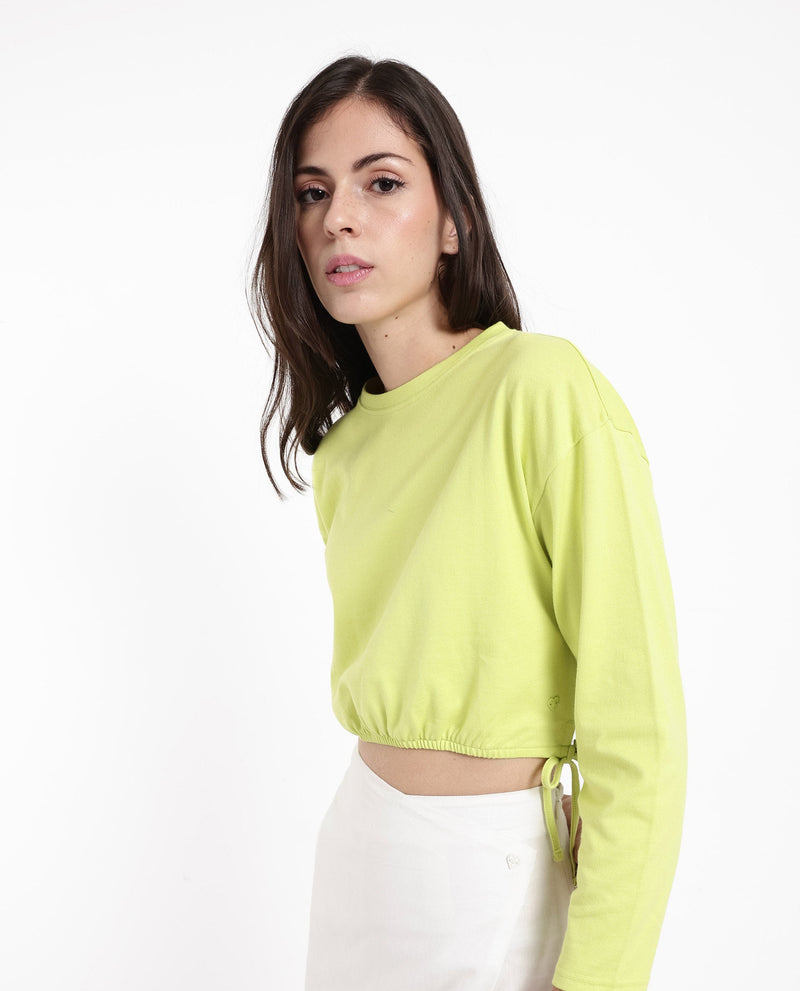 Rareism Women Thistle Flouroscent Green Cotton Fabric Full Sleeve Crew Neck Solid Regular Fit Top