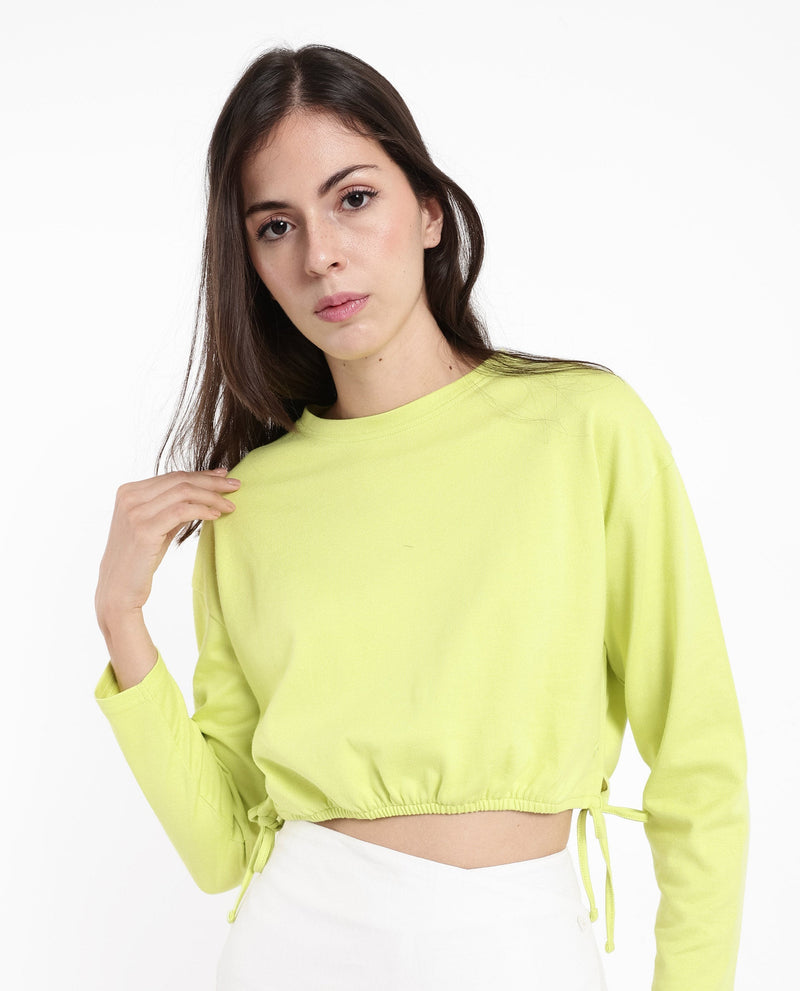 Rareism Women Thistle Flouroscent Green Cotton Fabric Full Sleeve Crew Neck Solid Regular Fit Top