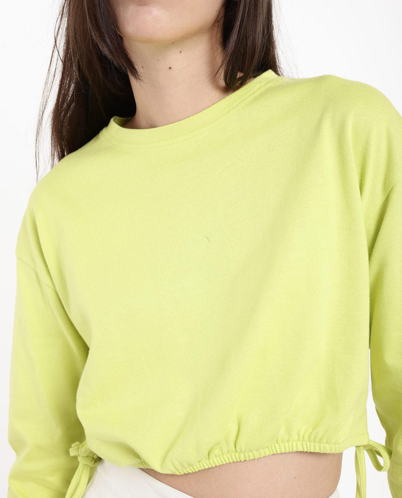 Rareism Women Thistle Flouroscent Green Cotton Fabric Full Sleeve Crew Neck Solid Regular Fit Top