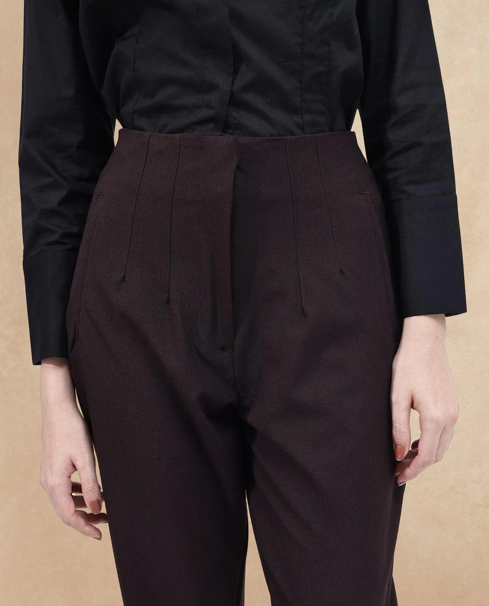 Rareism Women Thompson Maroon Cotton Fabric Trouser