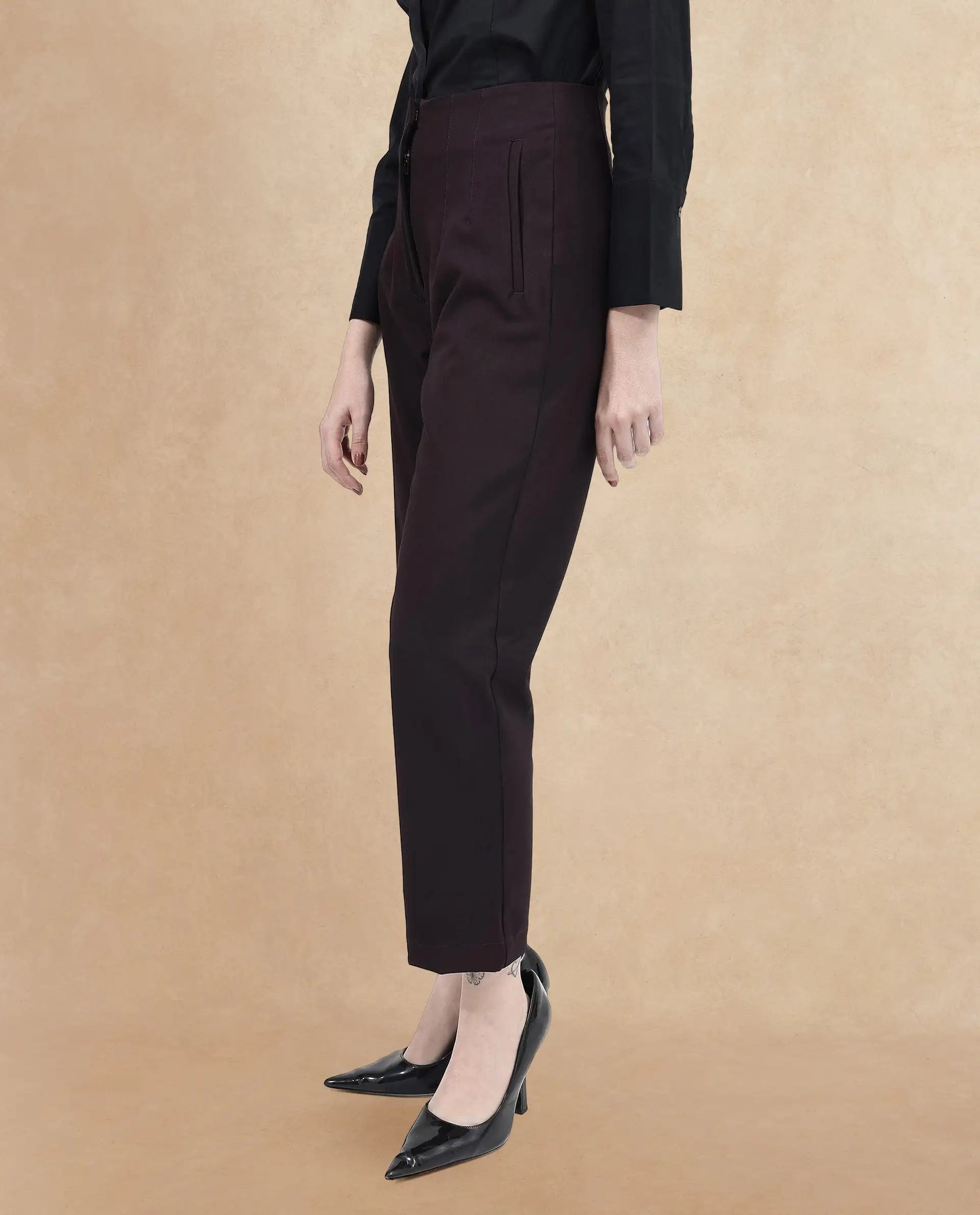 Rareism Women Thompson Maroon Cotton Fabric Trouser