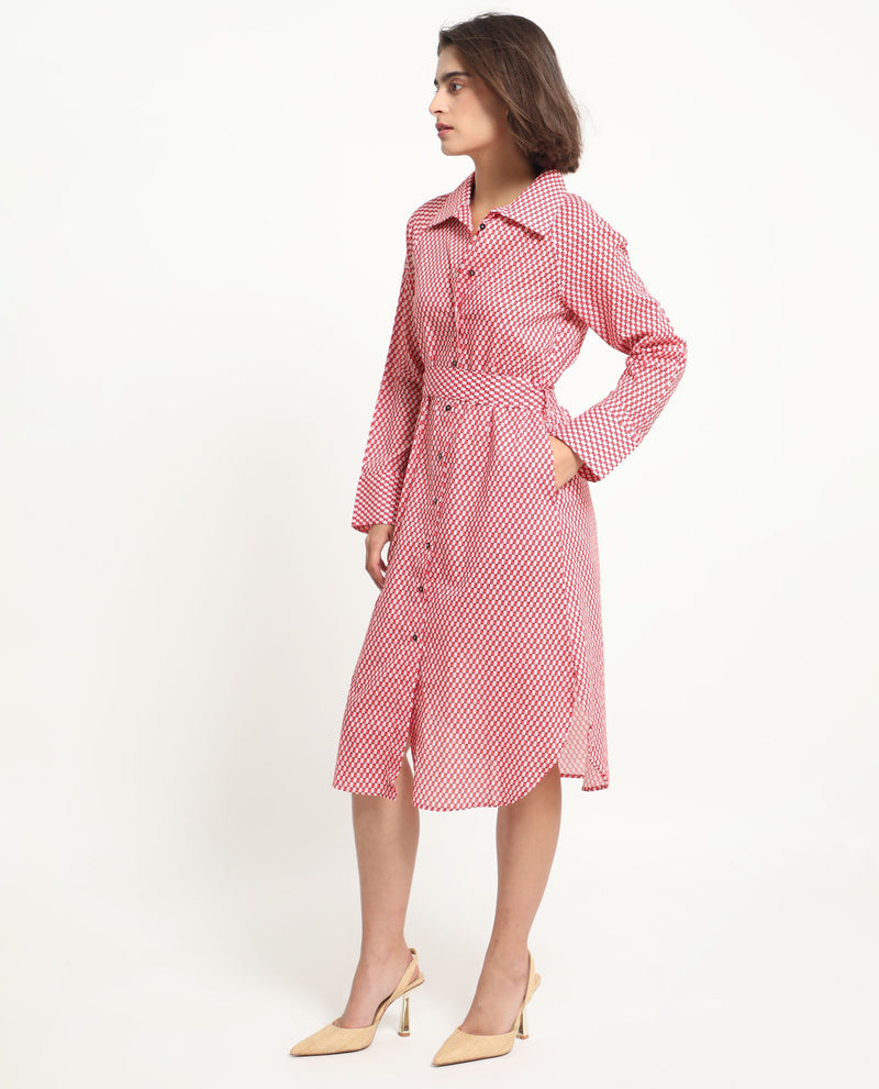 Rareism Women Thomson Red Cotton Fabric Full Sleeves Button Closure Shirt Collar Cuffed Sleeve Fit And Flare Checked Midi Boxy Dress