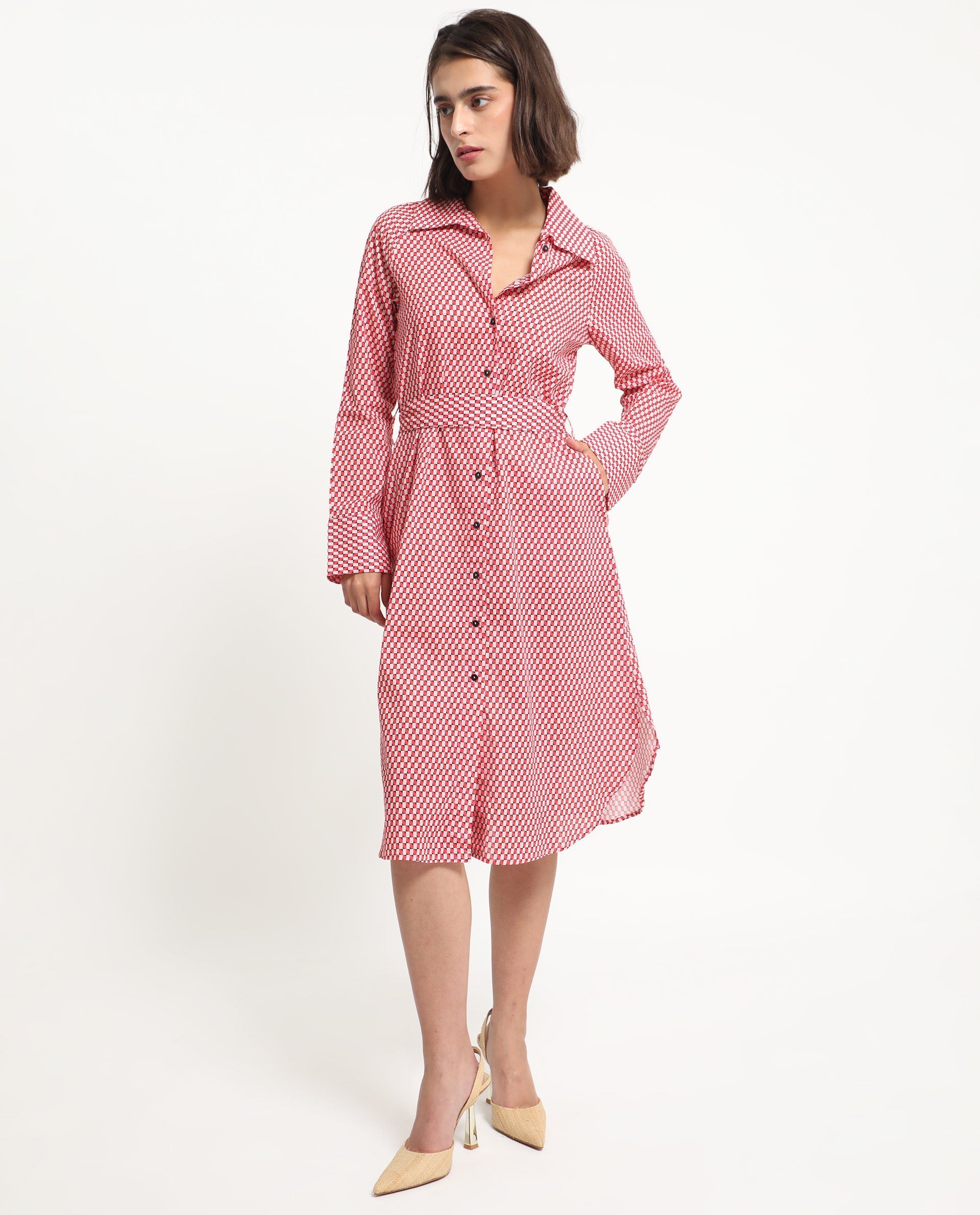 Rareism Women Thomson Red Cotton Fabric Full Sleeves Button Closure Shirt Collar Cuffed Sleeve Fit And Flare Checked Midi Boxy Dress