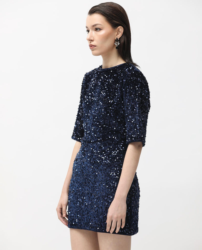 Rareism Women Tiana Sheen Blue Sequined Round Neck 3/4 Sleeves And Back Zip Closure Mini Dress