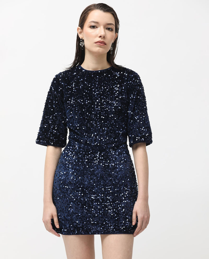 Rareism Women Tiana Sheen Blue Sequined Round Neck 3/4 Sleeves And Back Zip Closure Mini Dress