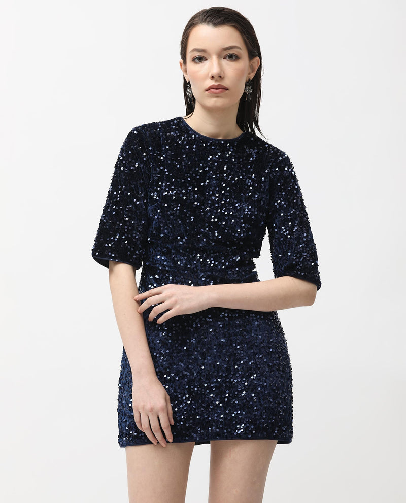 Rareism Women Tiana Sheen Blue Sequined Round Neck 3/4 Sleeves And Back Zip Closure Mini Dress