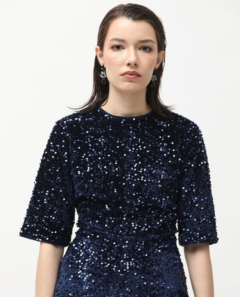 Rareism Women Tiana Sheen Blue Sequined Round Neck 3/4 Sleeves And Back Zip Closure Mini Dress