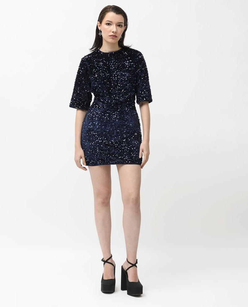 Rareism Women Tiana Sheen Blue Sequined Round Neck 3/4 Sleeves And Back Zip Closure Mini Dress