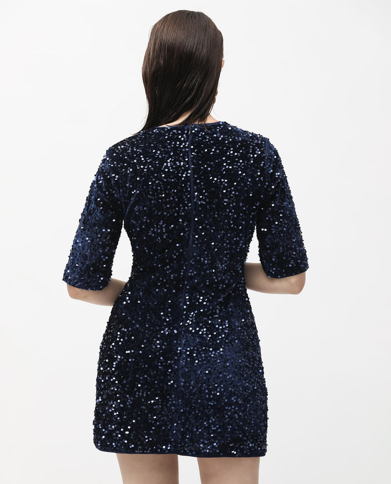 Rareism Women Tiana Sheen Blue Sequined Round Neck 3/4 Sleeves And Back Zip Closure Mini Dress