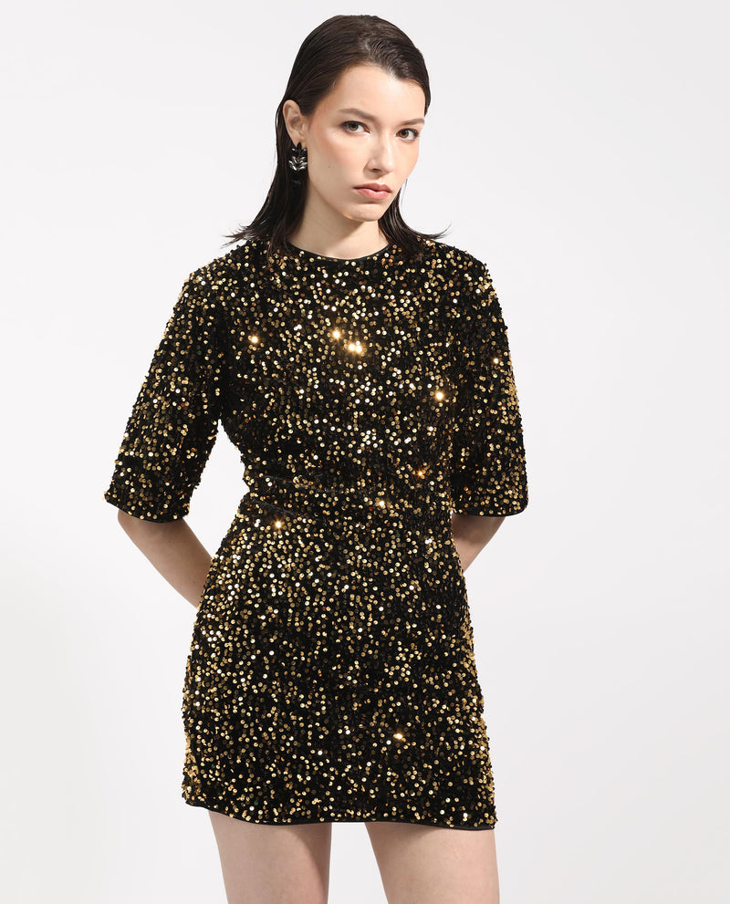 Rareism Women'S Tiana Sheen Gold Sequined Round Neck 3/4 Sleeves And Back Zip Closure Mini Dress