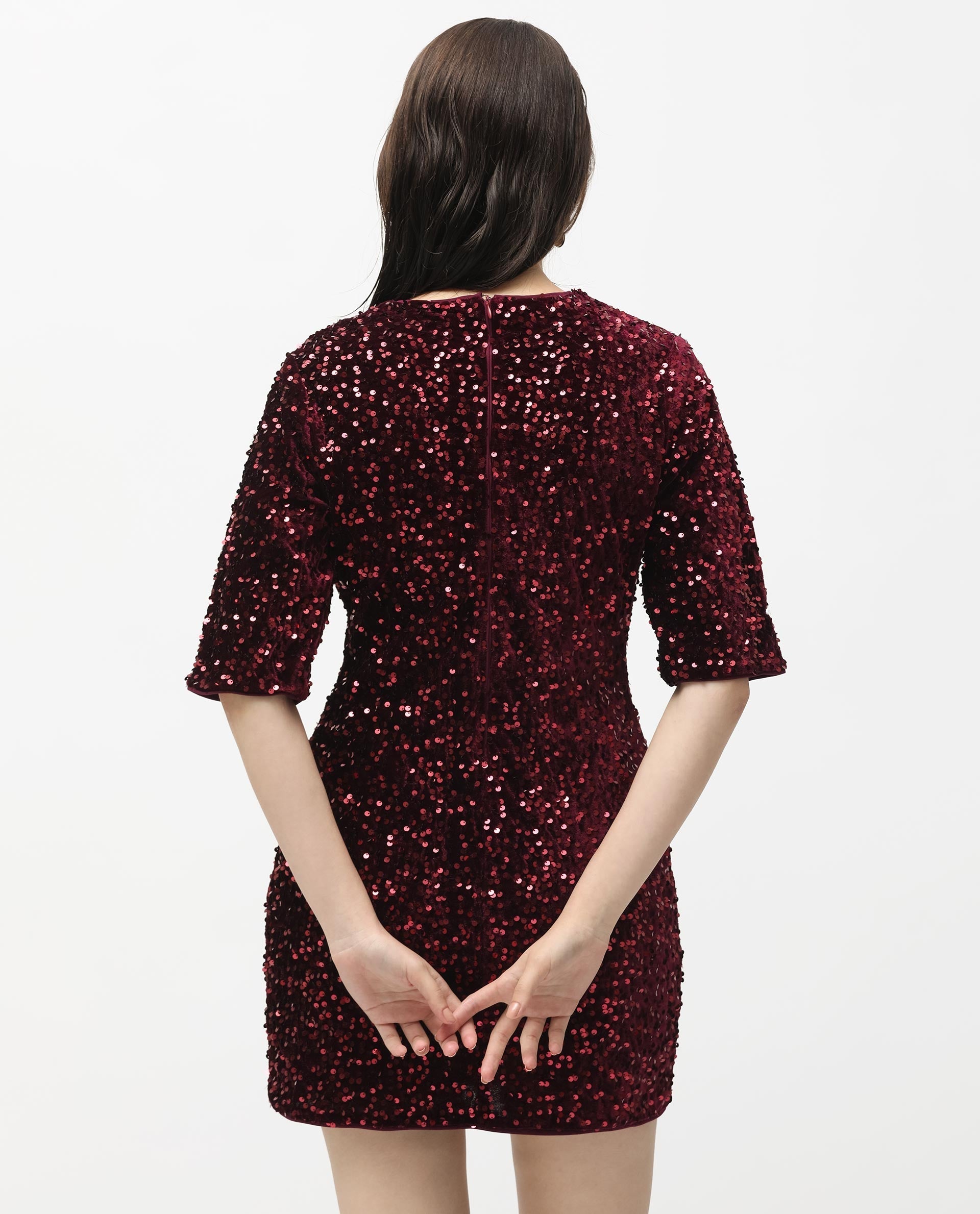 Rareism Women Tiana Sheen Maroon Polyester Fabric 3/4Th Sleeves Zip Closure Round Neck Regular Fit Sequined Short Boxy Dress