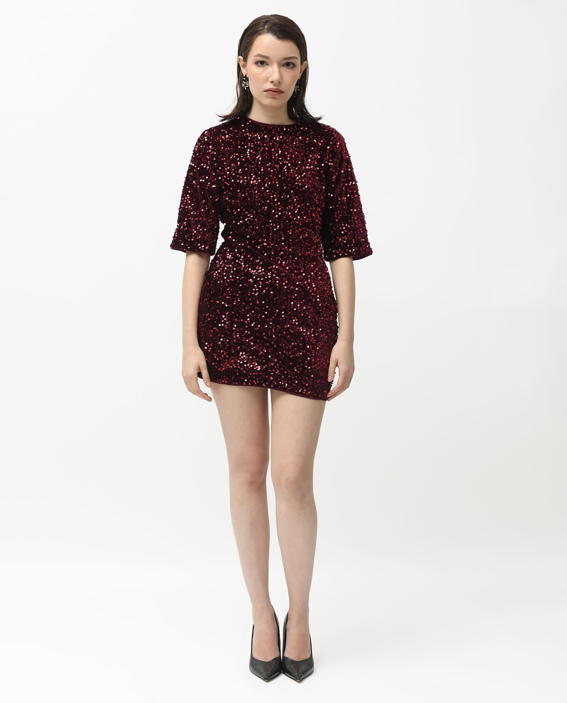 Rareism Women Tiana Sheen Maroon Polyester Fabric 3/4Th Sleeves Zip Closure Round Neck Regular Fit Sequined Short Boxy Dress