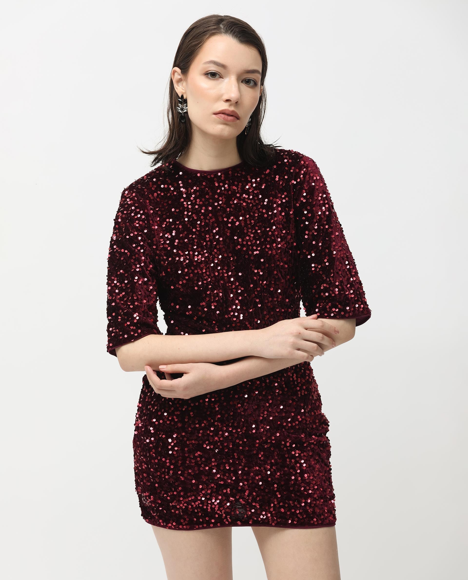 Rareism Women Tiana Sheen Maroon Polyester Fabric 3/4Th Sleeves Zip Closure Round Neck Regular Fit Sequined Short Boxy Dress