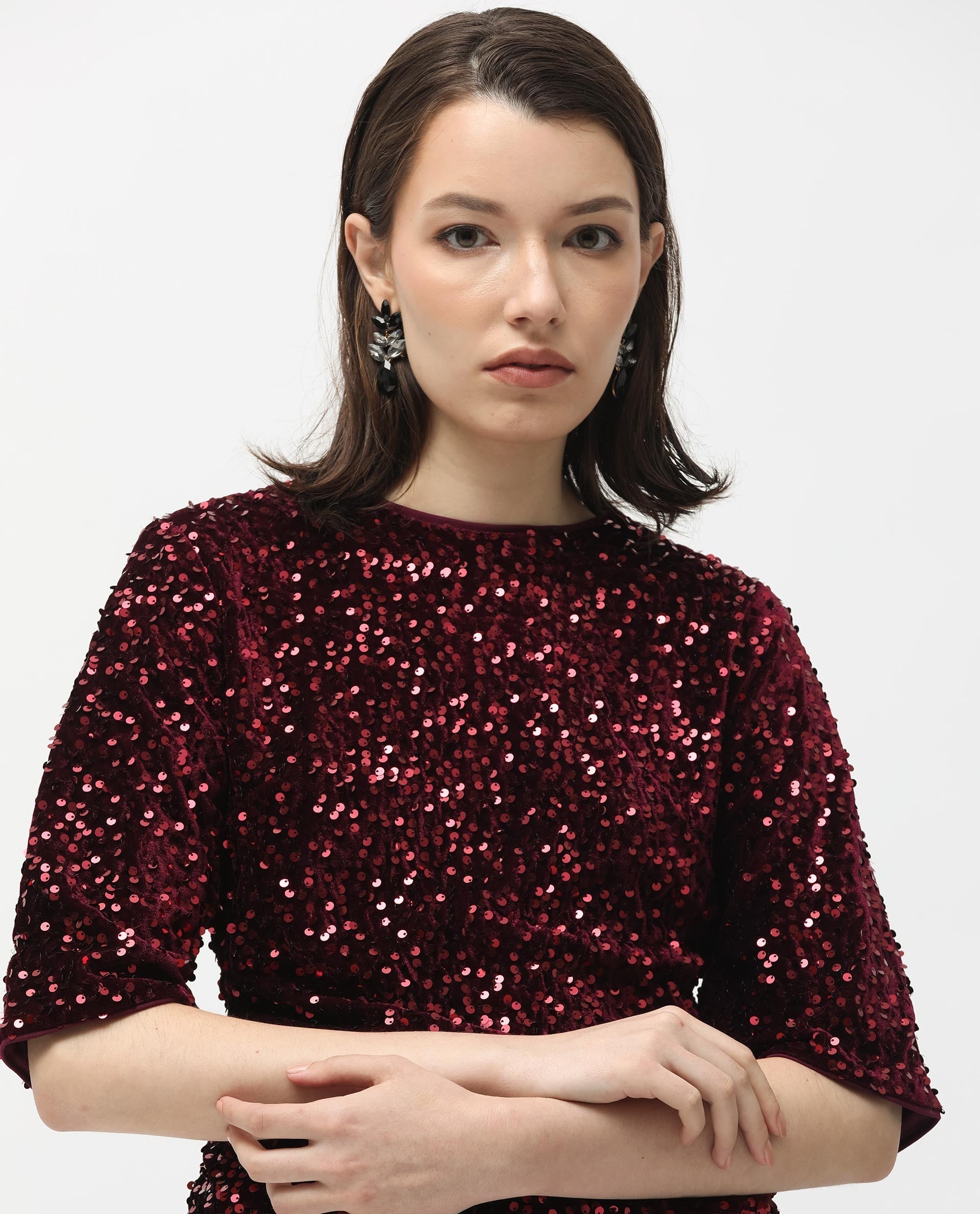 Rareism Women Tiana Sheen Maroon Polyester Fabric 3/4Th Sleeves Zip Closure Round Neck Regular Fit Sequined Short Boxy Dress