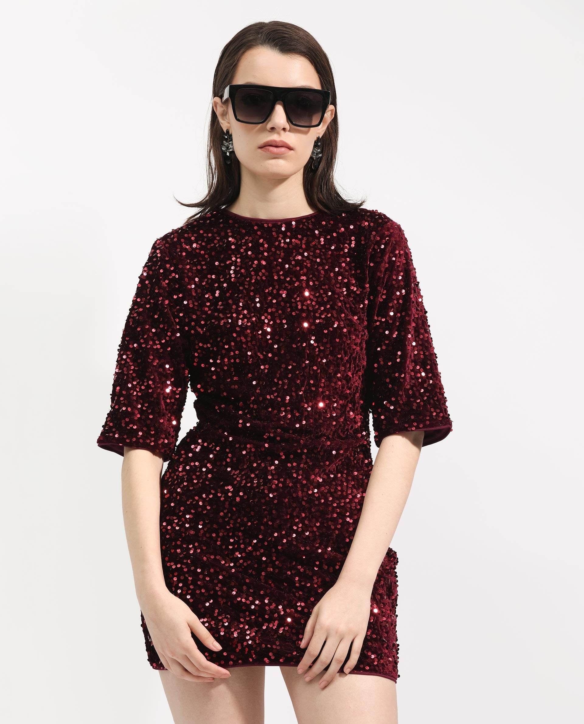 Rareism Women Tiana Sheen Maroon Polyester Fabric 3/4Th Sleeves Zip Closure Round Neck Regular Fit Sequined Short Boxy Dress