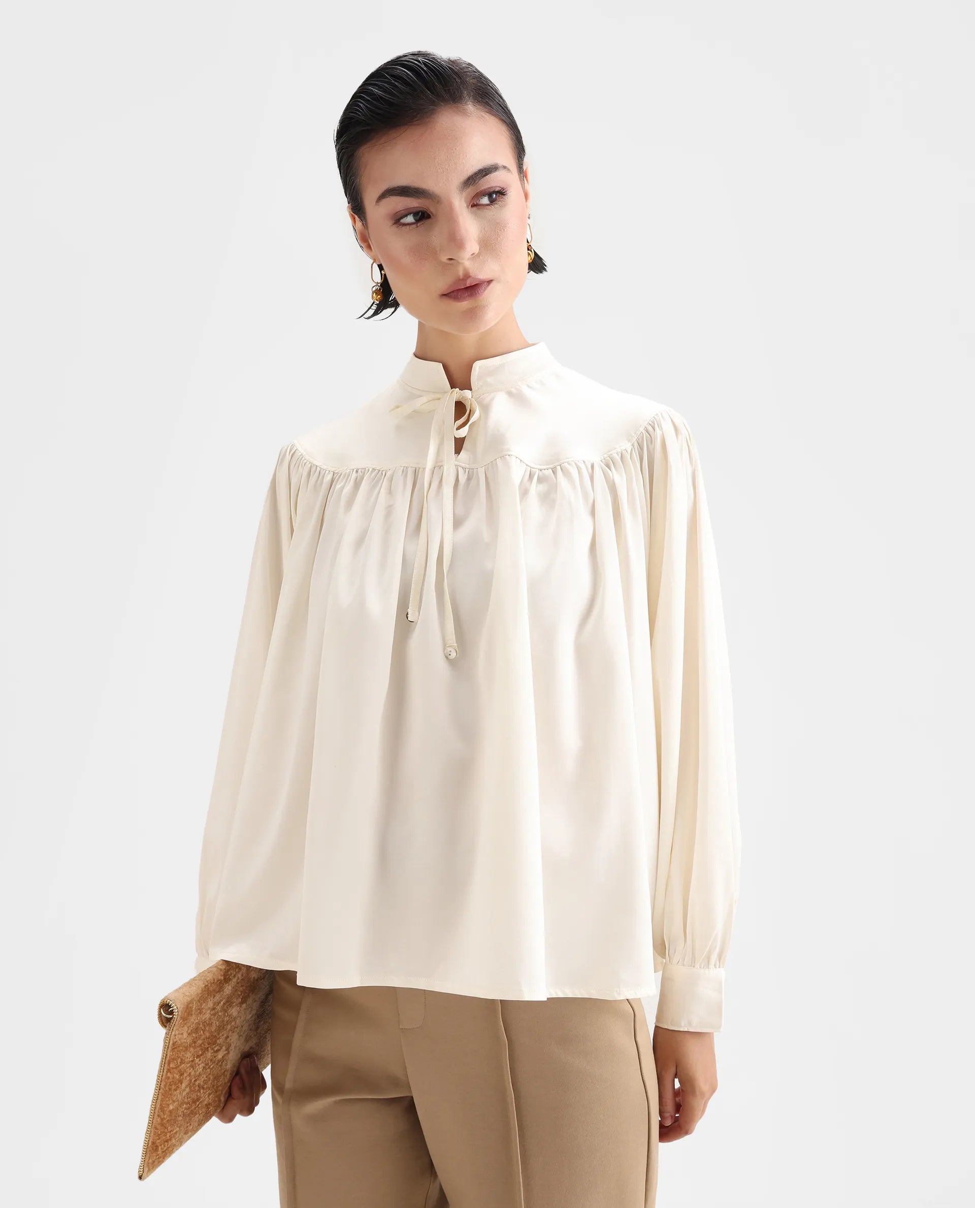 Rareism Women's Tia White Polyester Mandarin Collar Plain Volume Sleeve Relaxed Fit Top