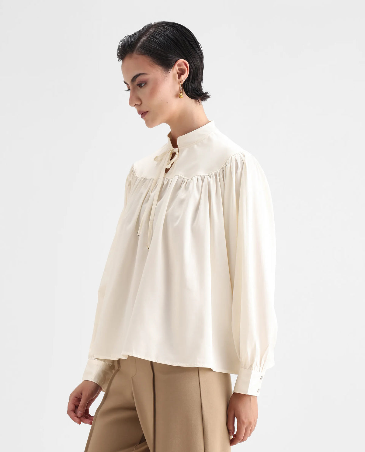 Rareism Women's Tia White Polyester Mandarin Collar Plain Volume Sleeve Relaxed Fit Top